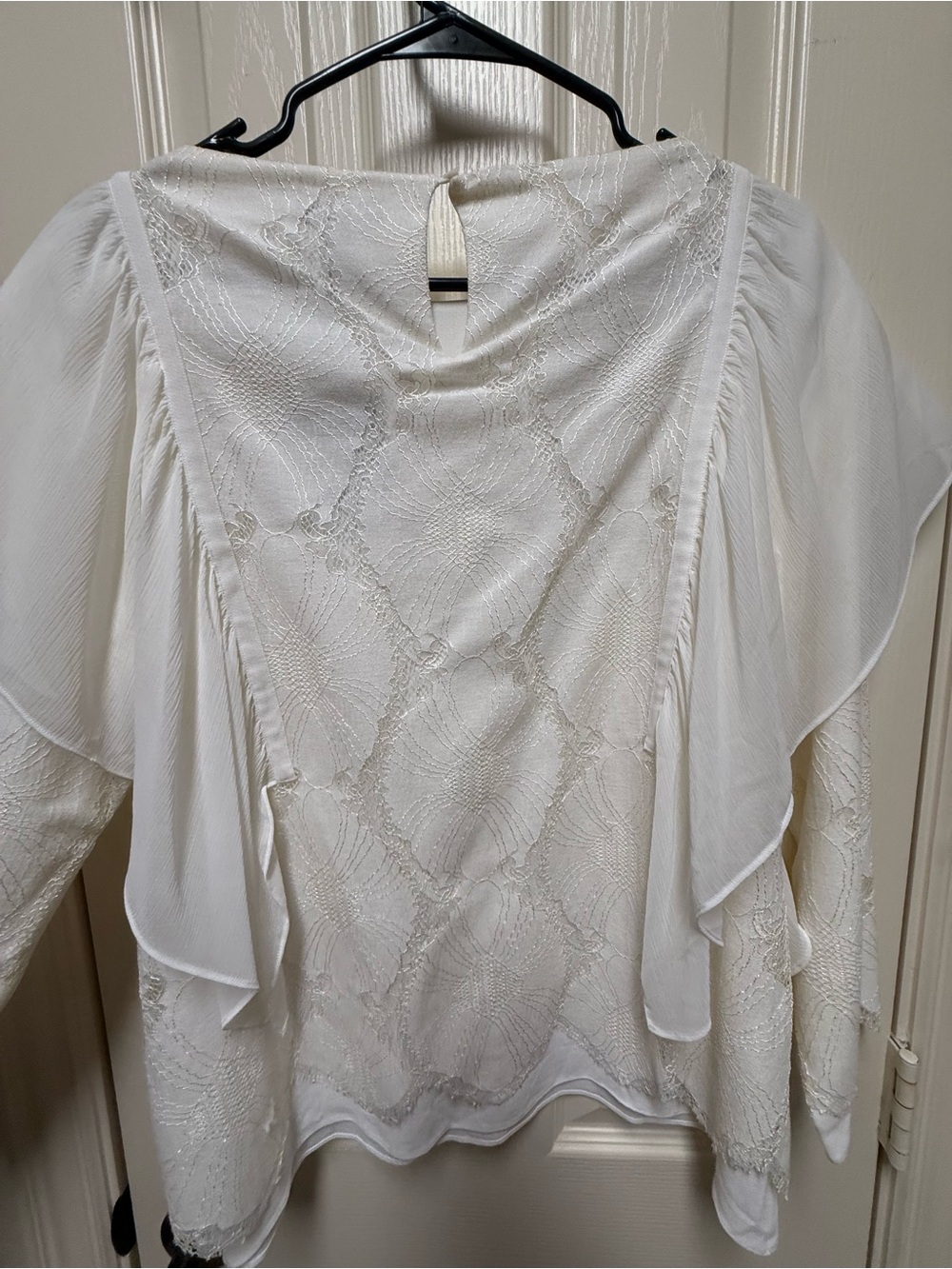Massimo Dutti Ivory Lace Panel Blouse with Flutter Sleeves
